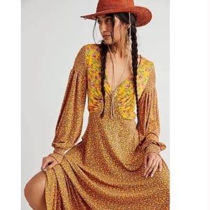 Free People Yellow Love Story Golden Pollen Long Sleeve Maxi Dress. NWOT